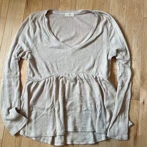 T.La Light Beige Ribbed V-Neck Peplum Long Sleeve Top